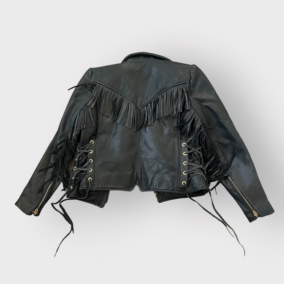 Vintage California Creations Black Fringe Leather Biker Jacket Sz 14 Motorcycle - Picture 2 of 9